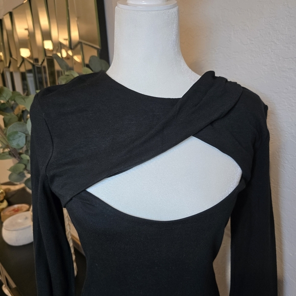 Halston Heritage Shirred Keyhole Black Mini Dress cocktail elegance Size 10 - Picture 2 of 9